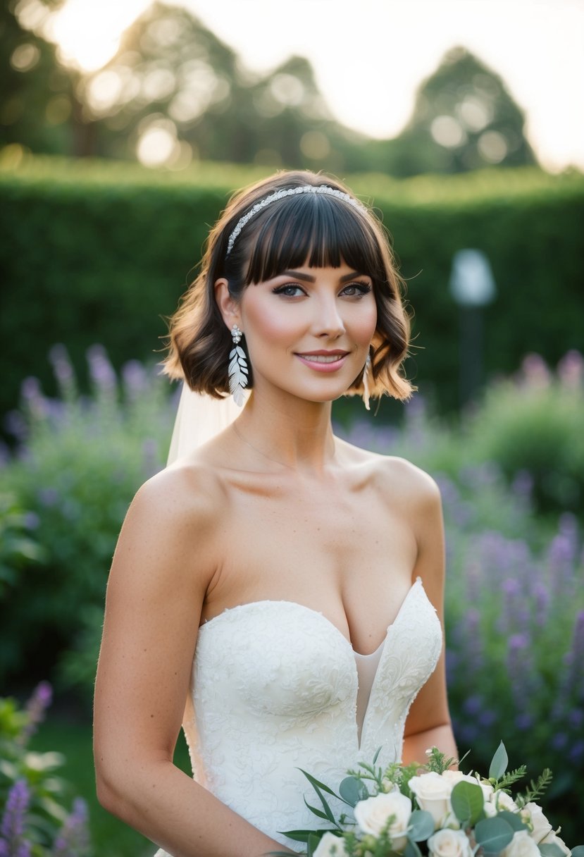 A bride with feathered bangs and earrings stands in a garden, her short hair styled in loose waves. A soft, romantic atmosphere surrounds her