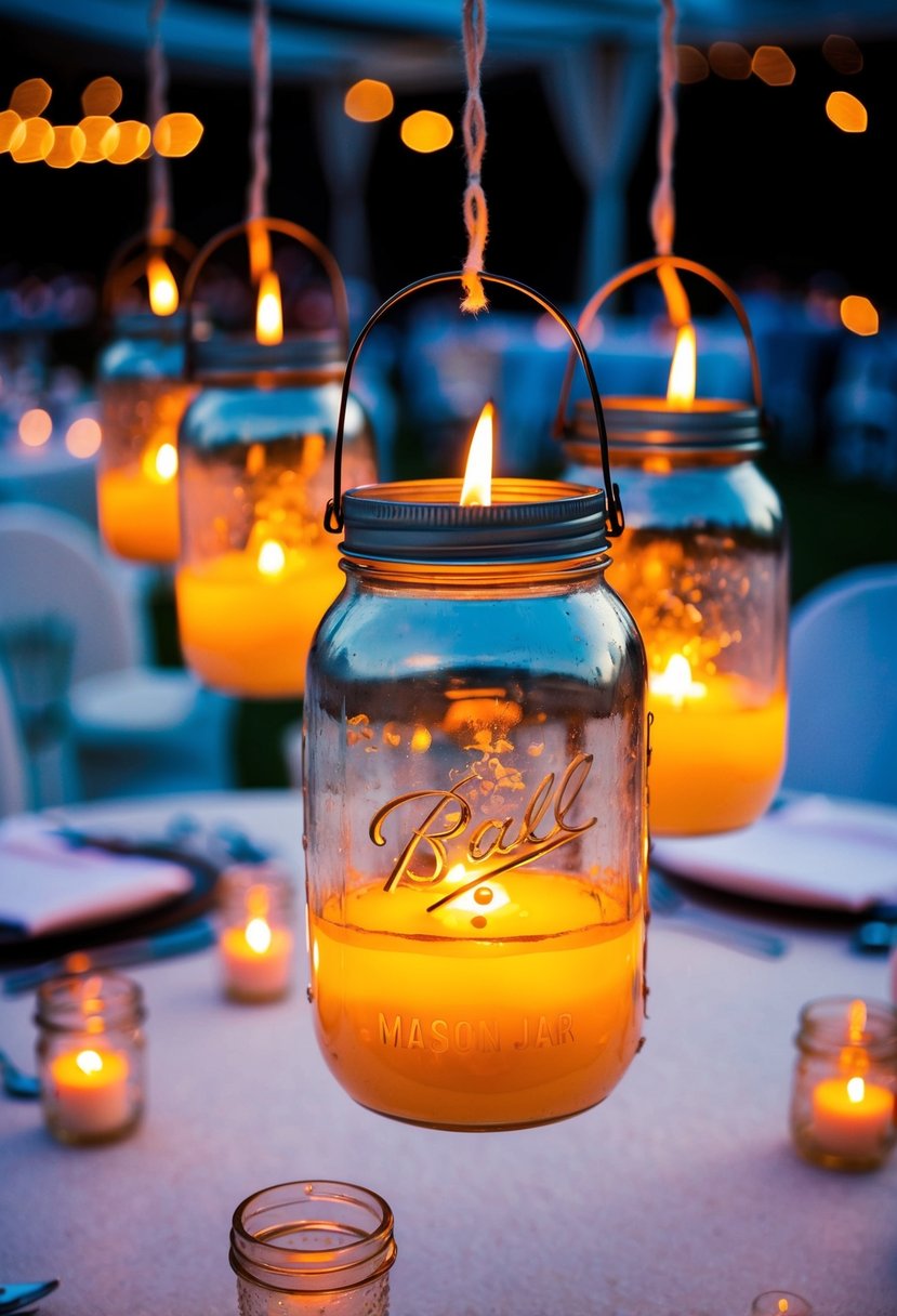 Mason jar candles hang from lanterns, illuminating a wedding table with a warm and romantic glow