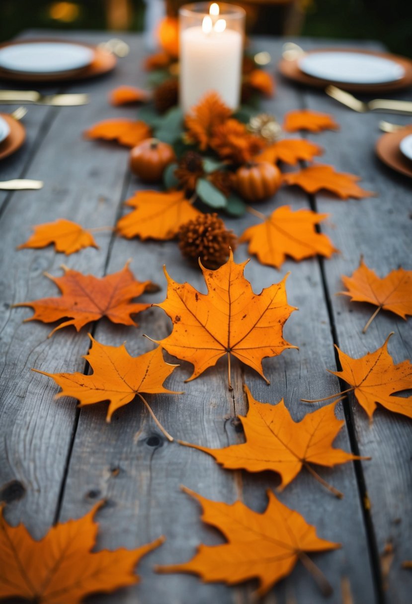 Vibrant burnt orange leaves scattered among rustic wedding table decor