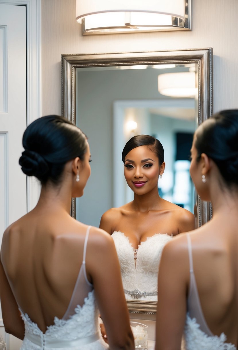 A bride with a sleek cropped hairstyle standing in front of a mirror, admiring her look for her wedding day