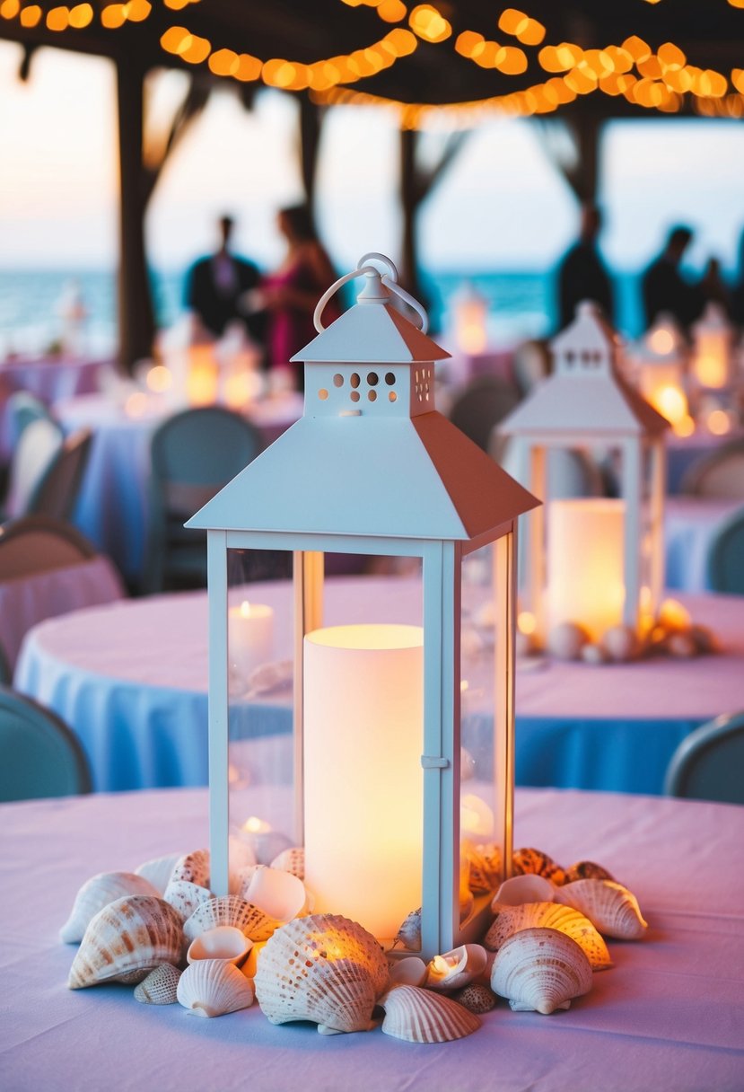 White lanterns adorned with seashells illuminate wedding tables