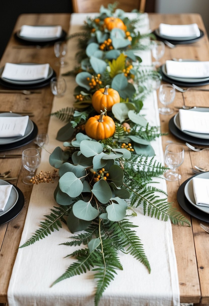 A rustic table adorned with eucalyptus and fern runners in vibrant fall colors