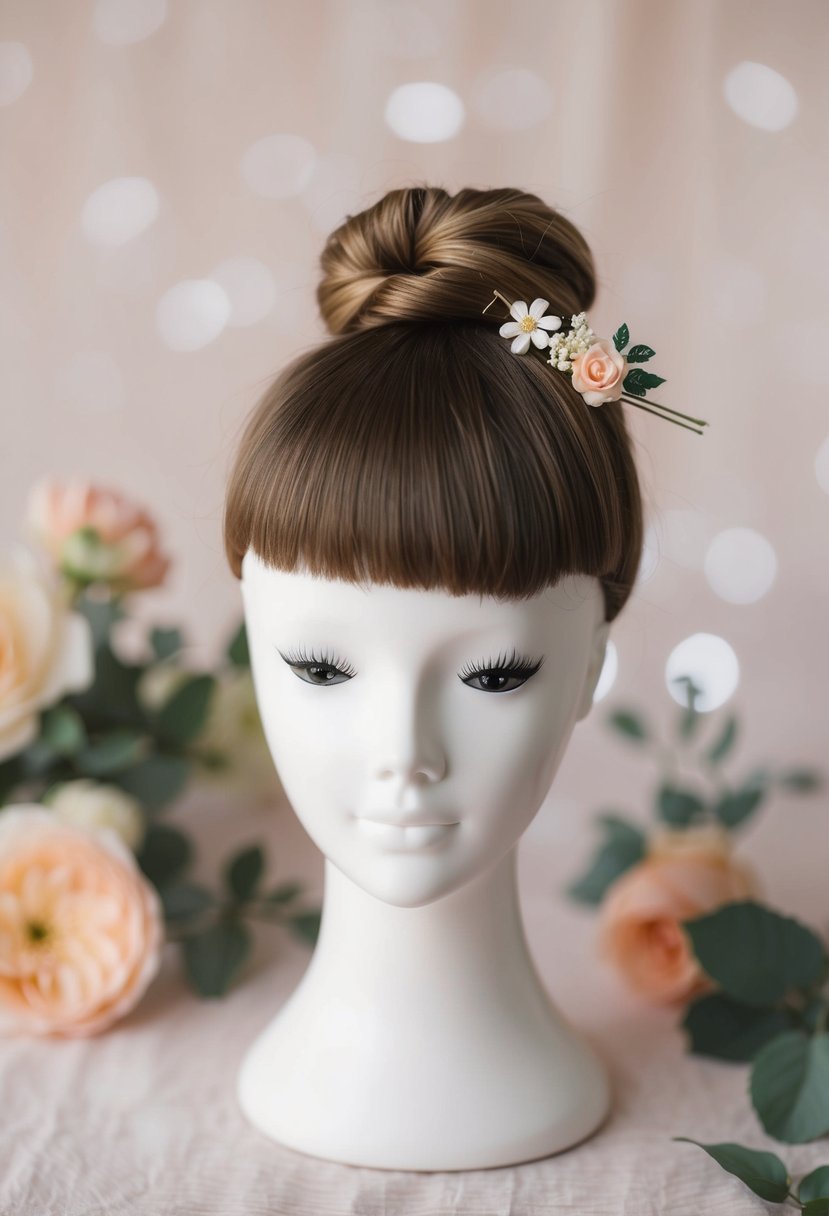 A short-haired mannequin with a twisted bun adorned with floral pins, set against a soft, romantic background