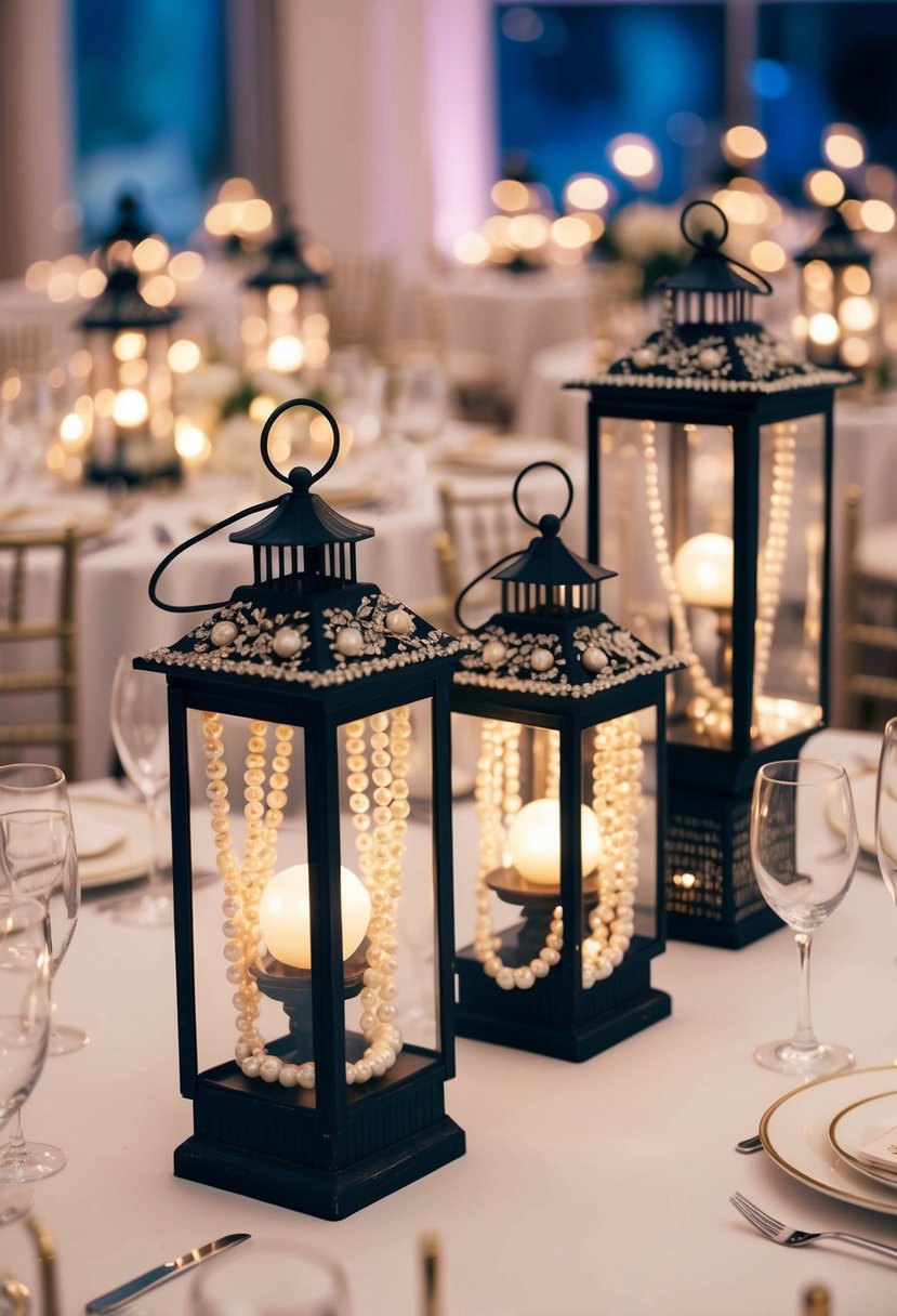 A table adorned with vintage-style lanterns, each adorned with delicate pearl accents, creating an elegant and romantic ambiance