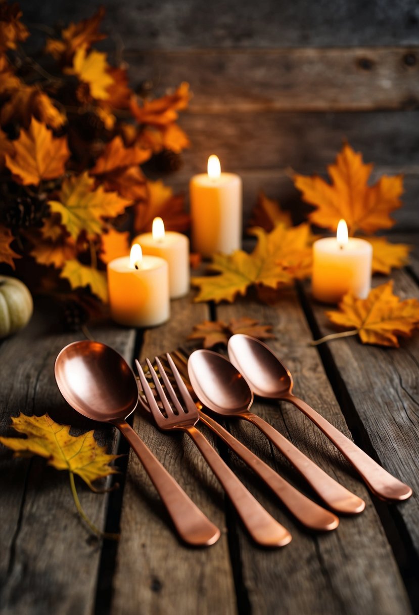 Copper utensils arranged on a rustic wooden table with fall foliage and warm candlelight