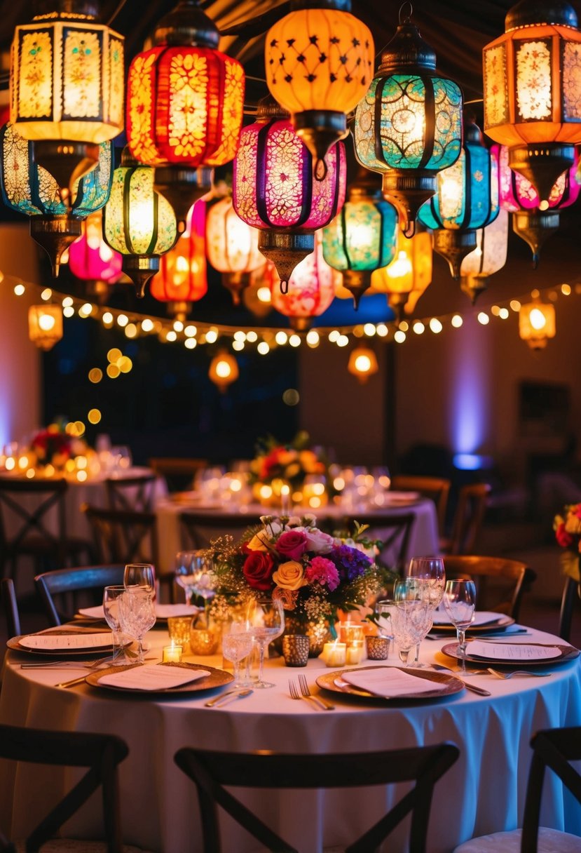 Colorful Moroccan lanterns hang above a bohemian-themed wedding table, casting warm, romantic light over the eclectic decor