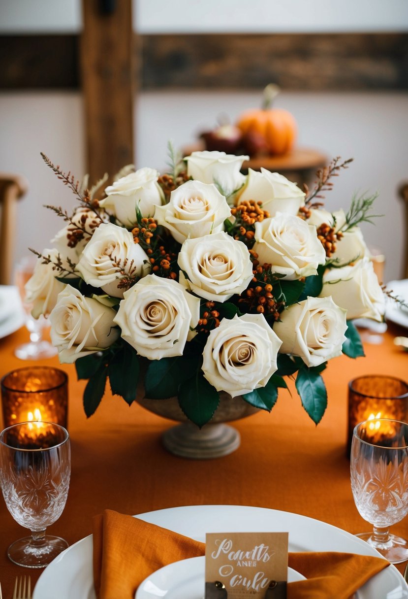 An elegant ivory rose arrangement adorns a fall-themed wedding table, with warm colors and rustic accents