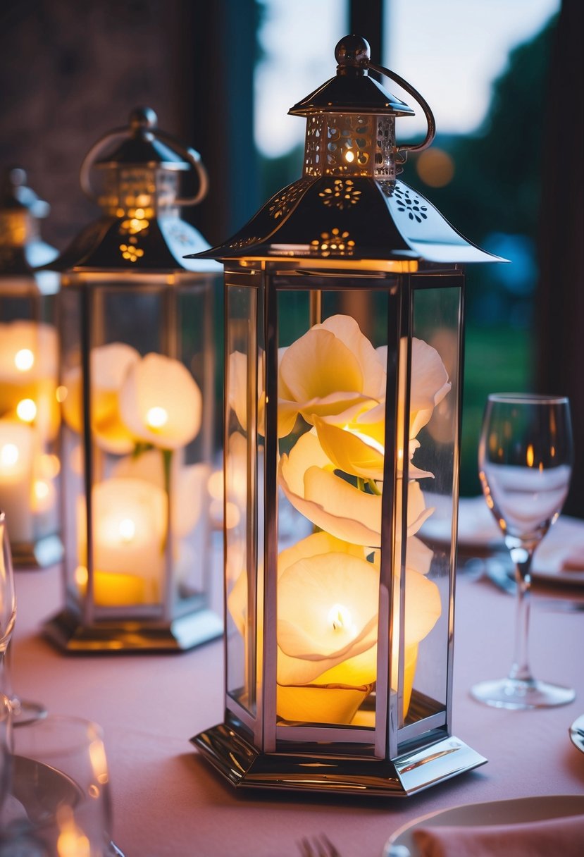 Glass lanterns filled with rose petals illuminate a wedding table, casting a soft, romantic glow