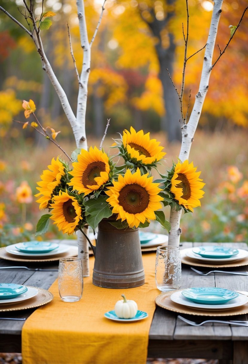 A rustic table adorned with sunflowers and birch branches in vibrant fall colors