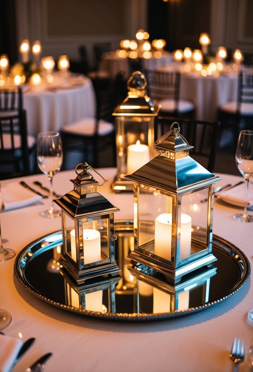 Lanterns glow on mirrored trays, casting reflections in an elegant wedding table setting