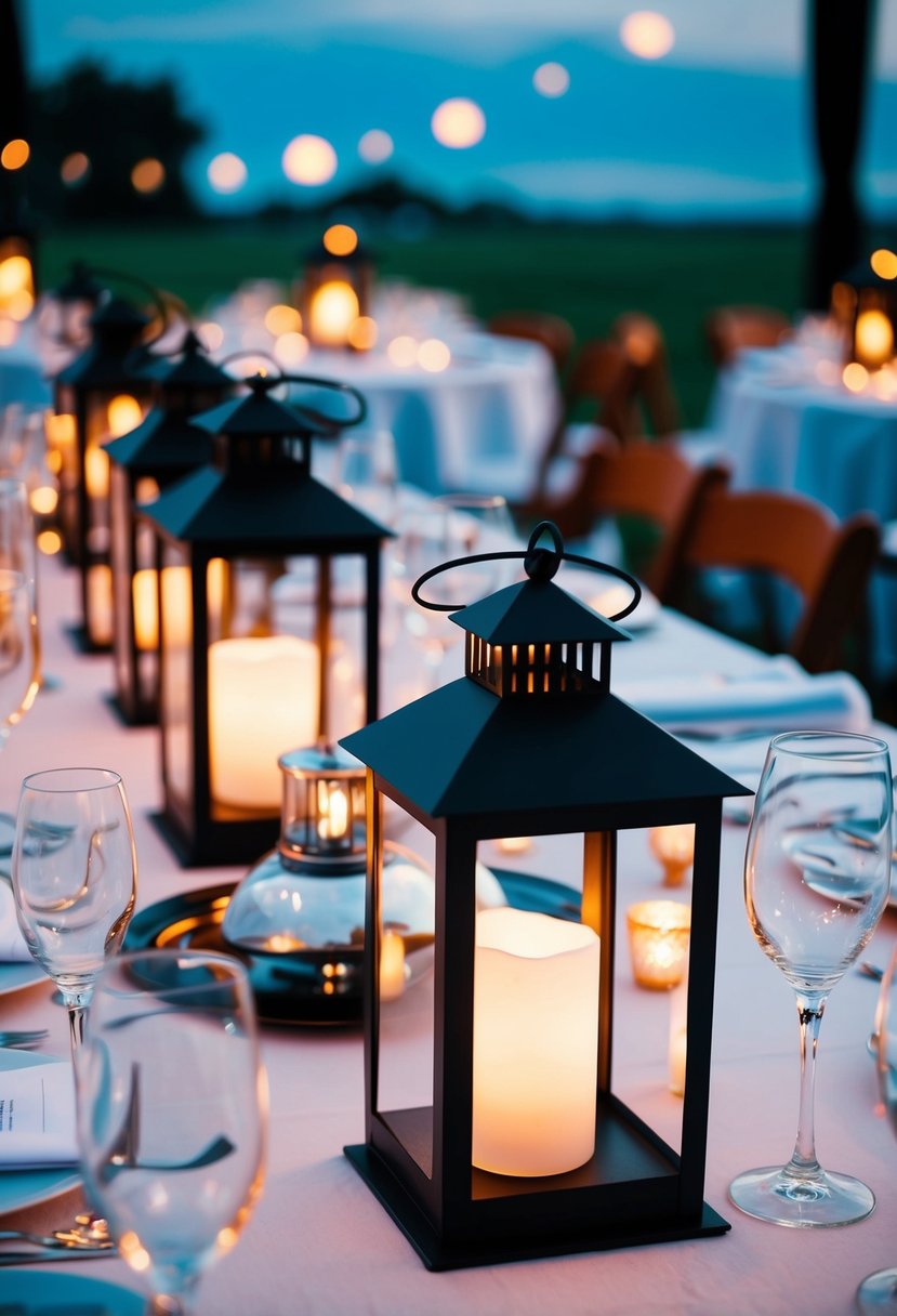 Sleek black lanterns with metallic accents illuminate a wedding table