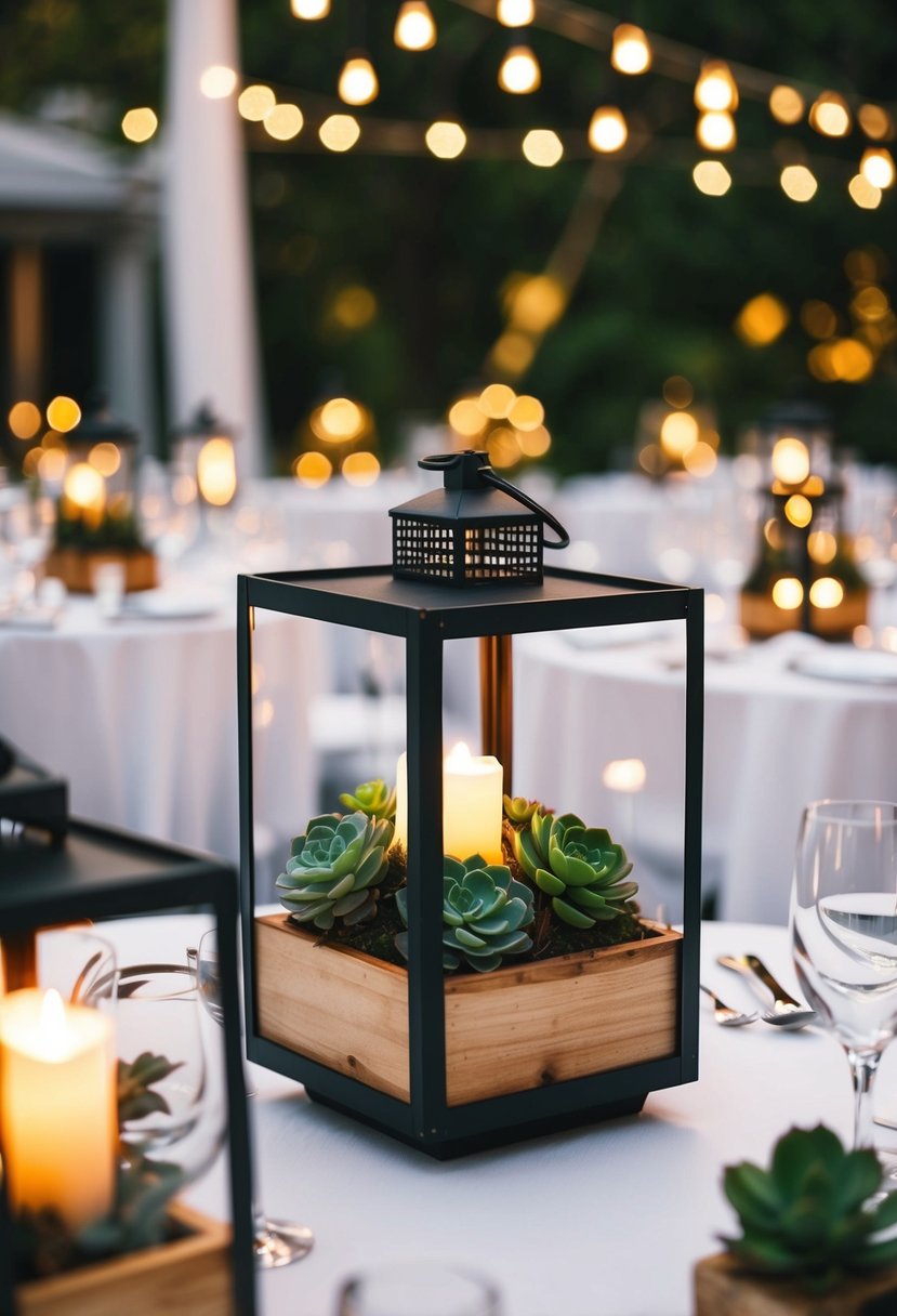 Small succulents nestled in lanterns illuminate wedding tables