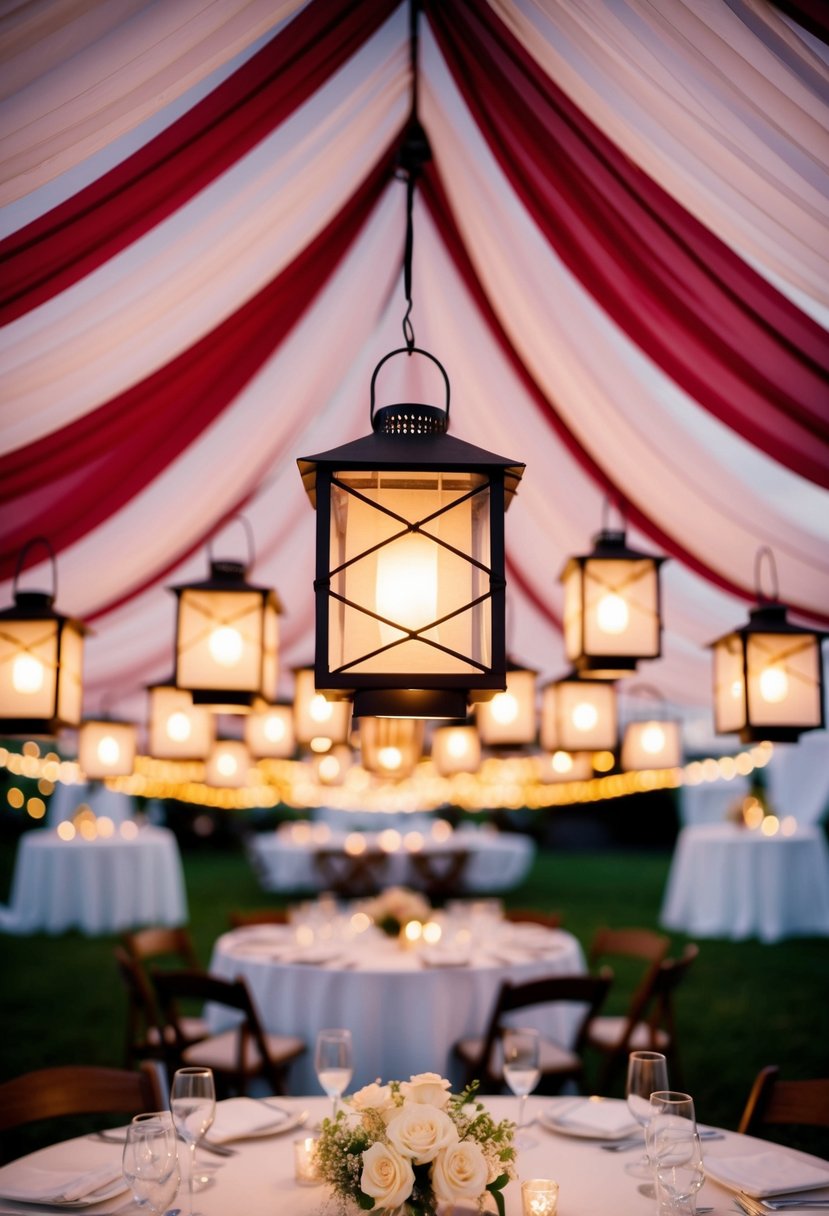 Fabric-draped lanterns hang above a wedding table, casting a dreamy glow