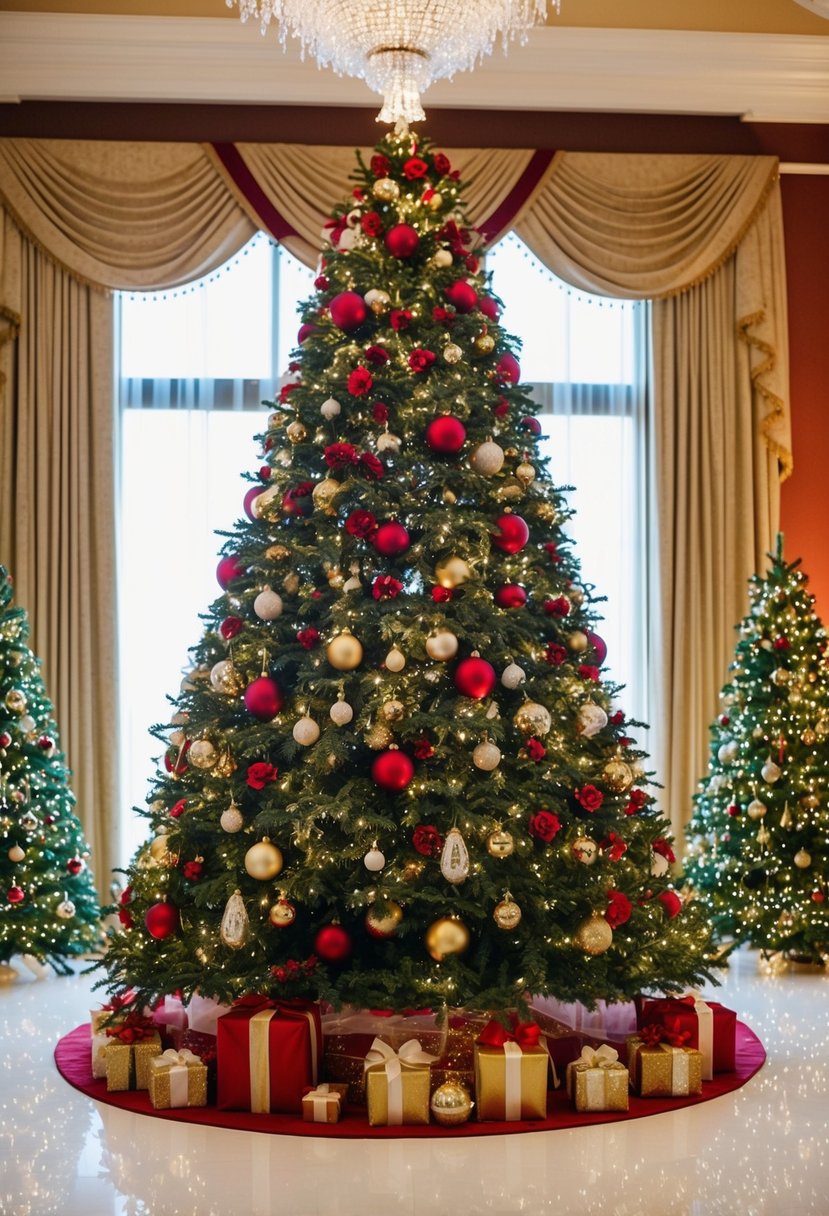 A festive Christmas wedding scene with a grand tree, twinkling lights, and elegant red and gold decor