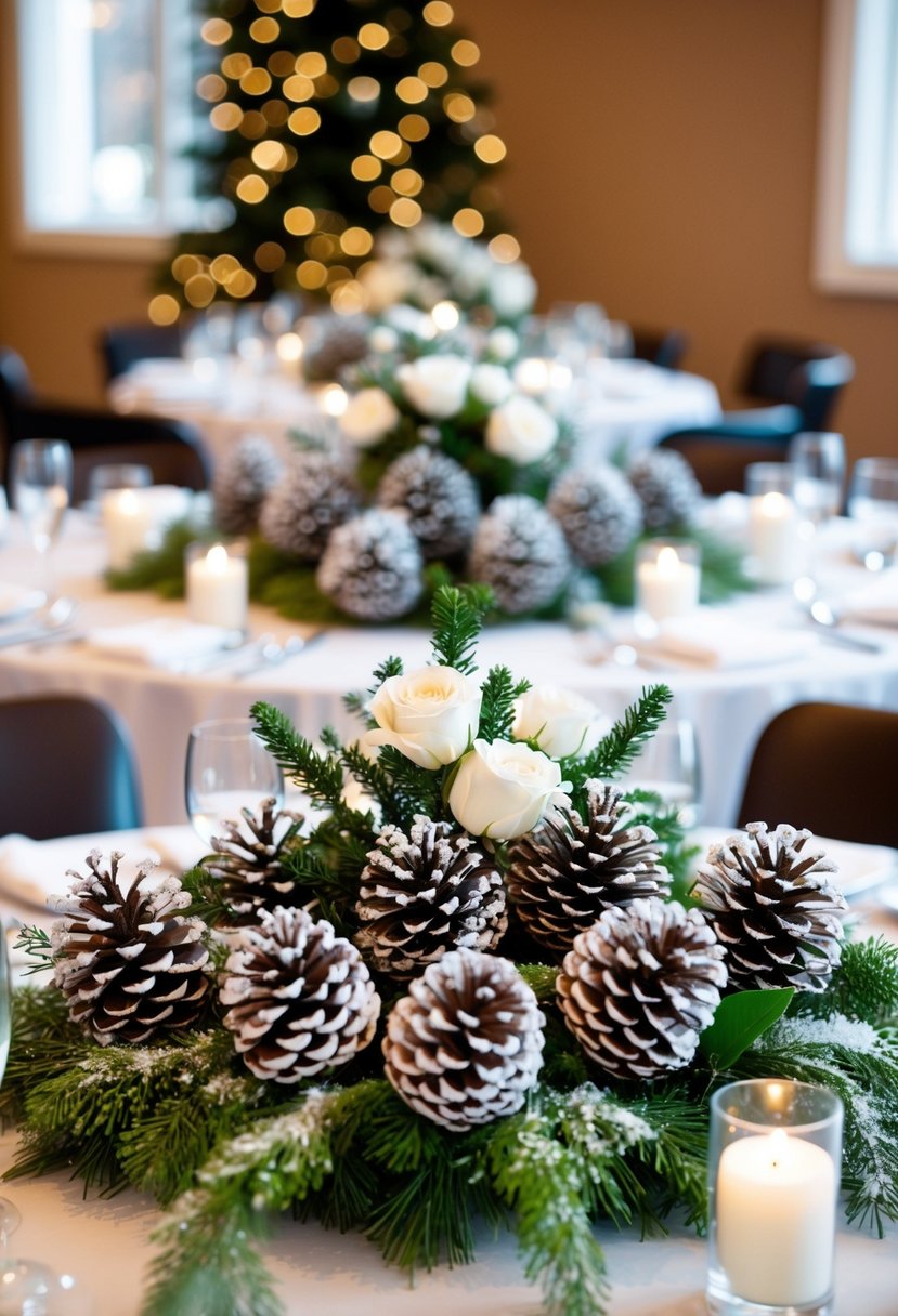 Snow-dusted pine cones arranged in centerpieces with greenery and white flowers for a festive Christmas wedding decor