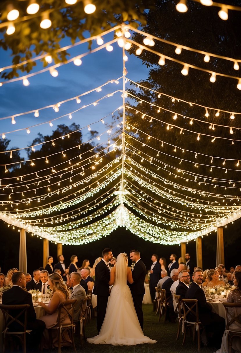 A canopy of twinkling fairy lights drapes over an outdoor wedding reception, creating a magical and romantic atmosphere