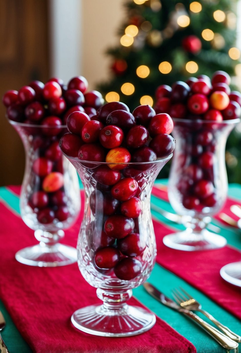 Cranberry-filled glass vases arranged on a festive holiday table