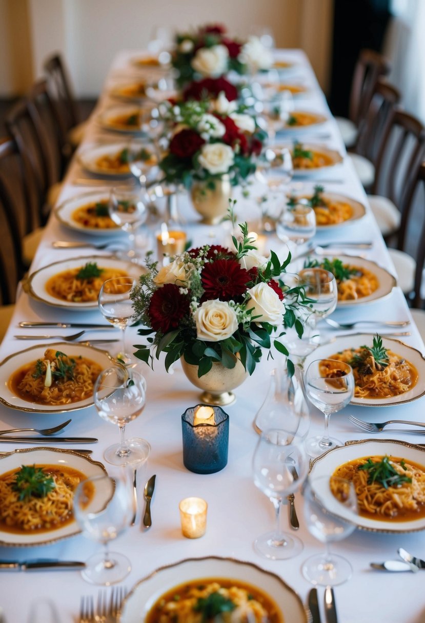 A table set with traditional Italian wedding dishes, surrounded by wine glasses and floral centerpieces