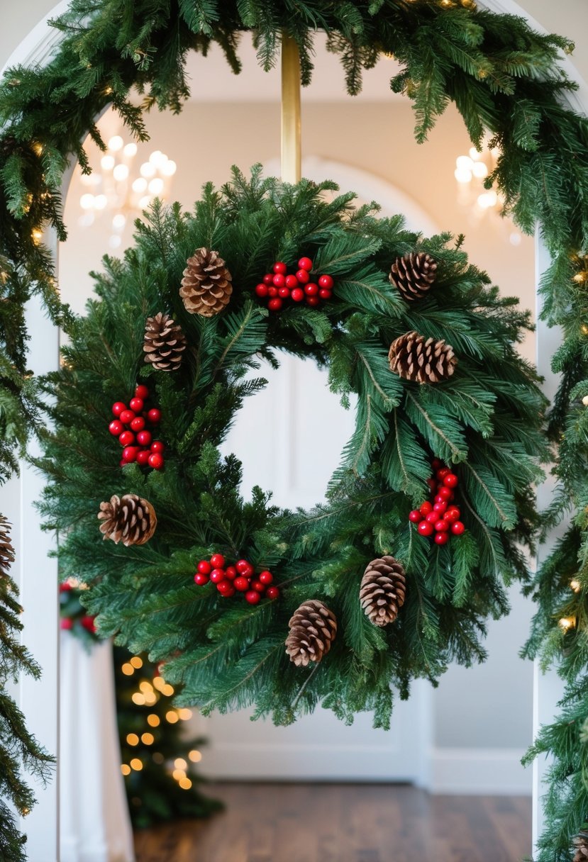 An archway adorned with a lush evergreen wreath, accented with festive red berries and pine cones, creating a charming Christmas wedding decor idea