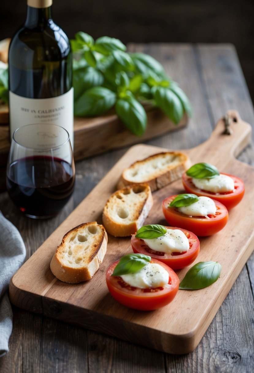 A rustic wooden board with fresh tomato, mozzarella, and basil on toasted baguette slices, accompanied by a glass of wine