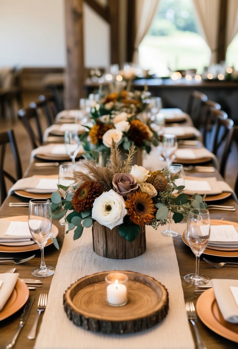 A rustic wedding table adorned with earth-toned floral centerpieces, wooden accents, and neutral linens