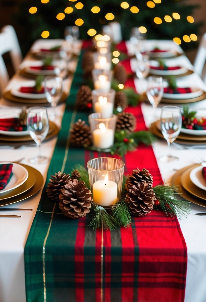 A festive table setting with red and green plaid table runners, adorned with twinkling lights and pine cones for a Christmas wedding decor