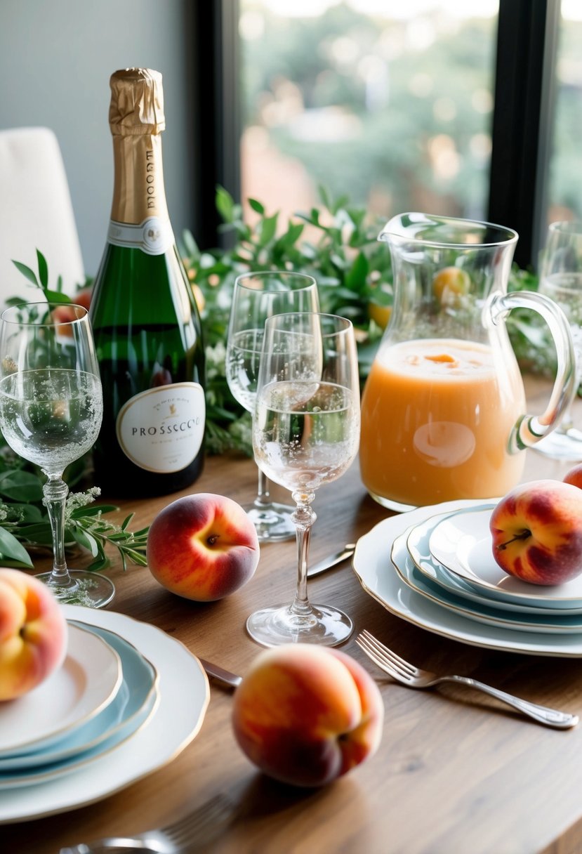 A table set with elegant glassware, a bottle of Prosecco, and a pitcher of peach puree, surrounded by fresh peaches and greenery