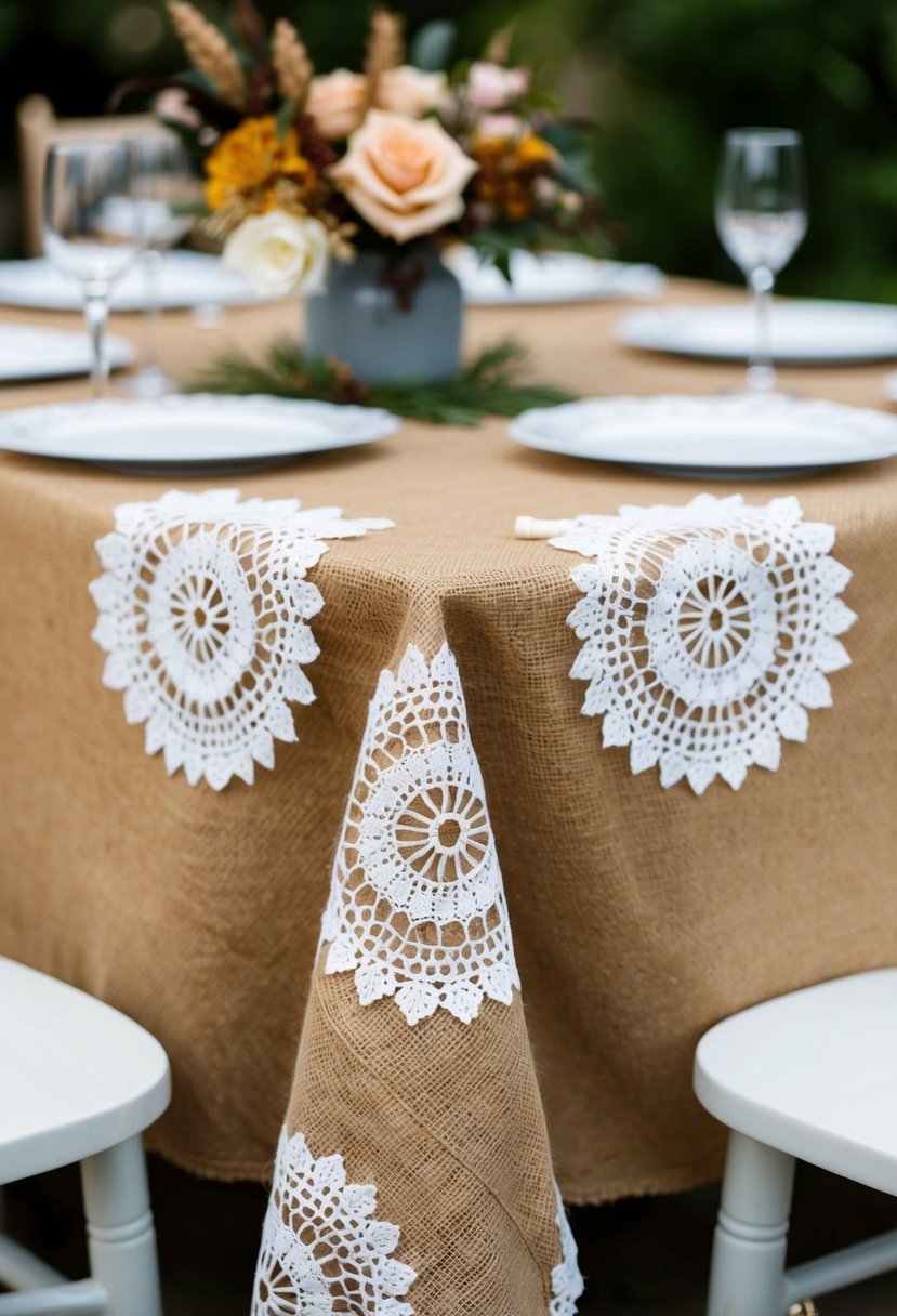 A burlap table cover adorned with lace doilies, set with earth tone wedding decor