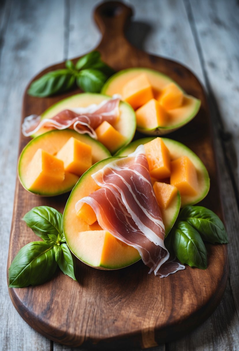 A rustic wooden board with thinly sliced prosciutto draped over chunks of ripe, juicy cantaloupe, accented with fresh basil leaves