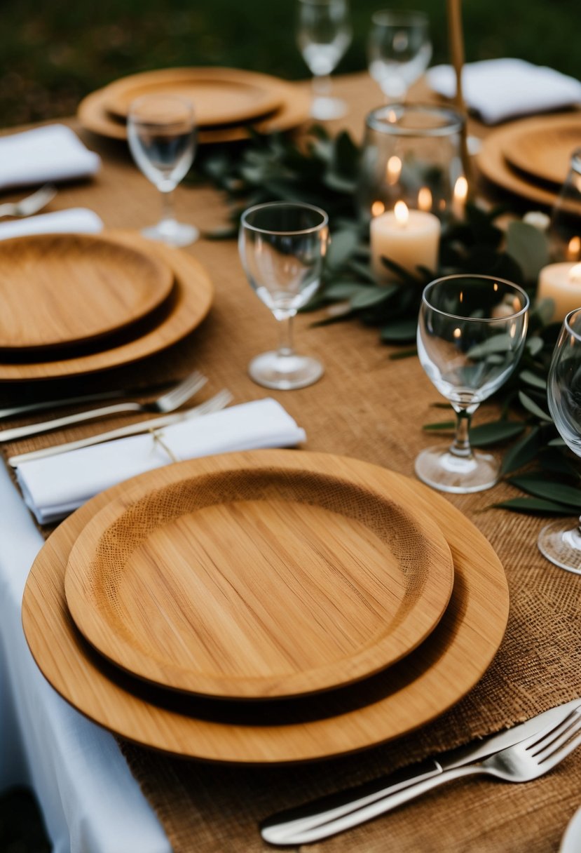 A table set with rustic bamboo biodegradable plates in earth tones for a wedding decoration