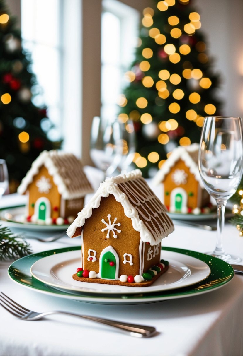 A festive table set with gingerbread house place cards for a Christmas wedding