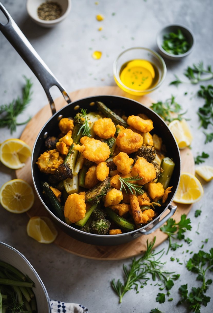 A sizzling pot of assorted deep-fried vegetables, golden and crispy, surrounded by a scattering of fresh herbs and a drizzle of olive oil