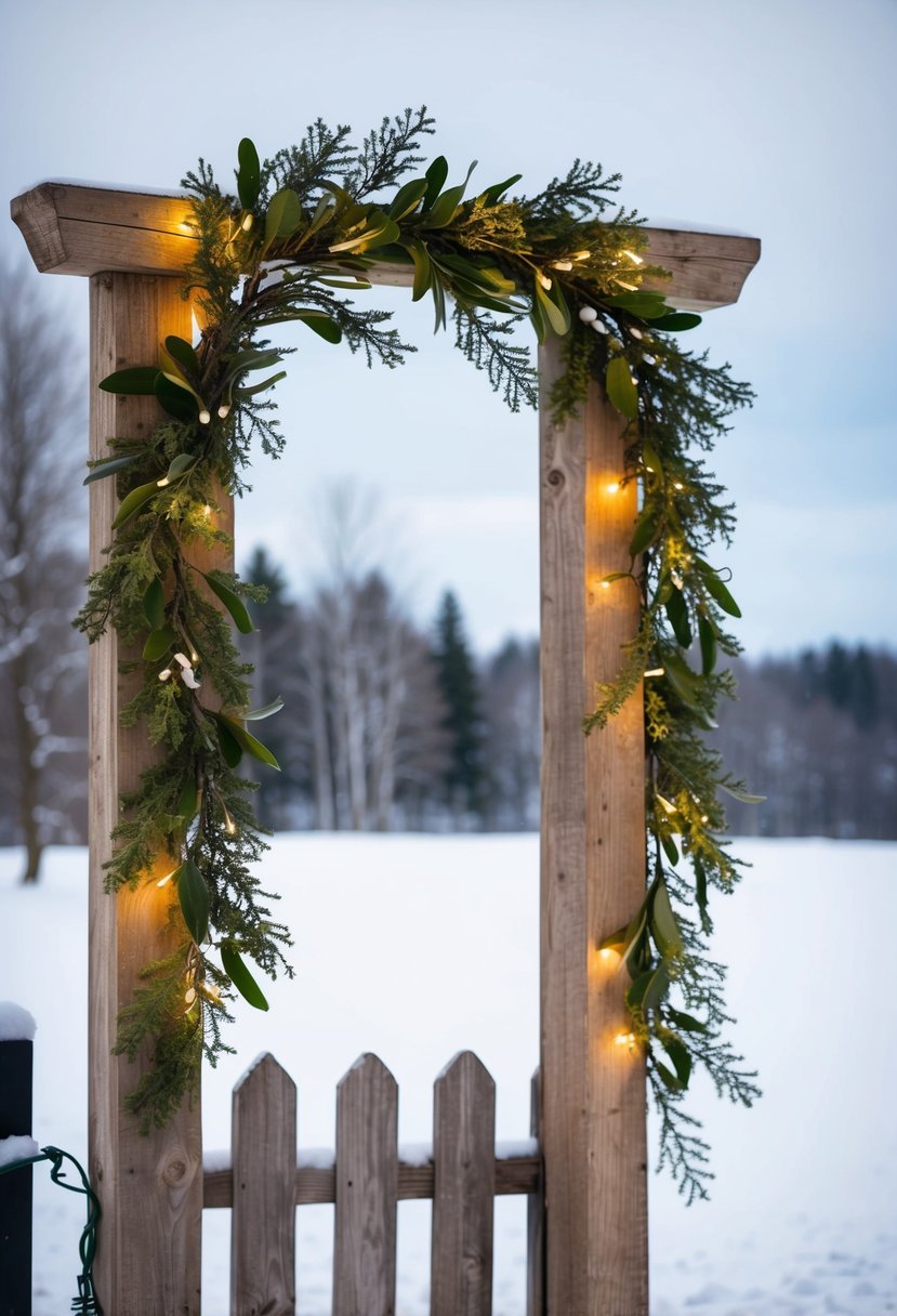 A rustic wooden arch adorned with mistletoe and fairy lights against a snowy backdrop