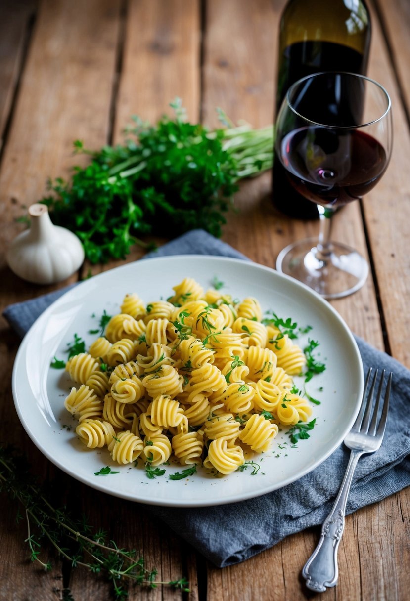 A rustic wooden table set with a plate of homemade Scialatielli pasta, surrounded by fresh herbs and a glass of wine