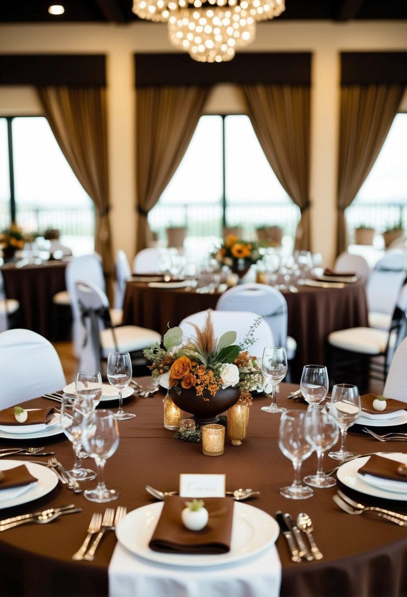 A chocolate brown table is set with earth tone decorations for a wedding