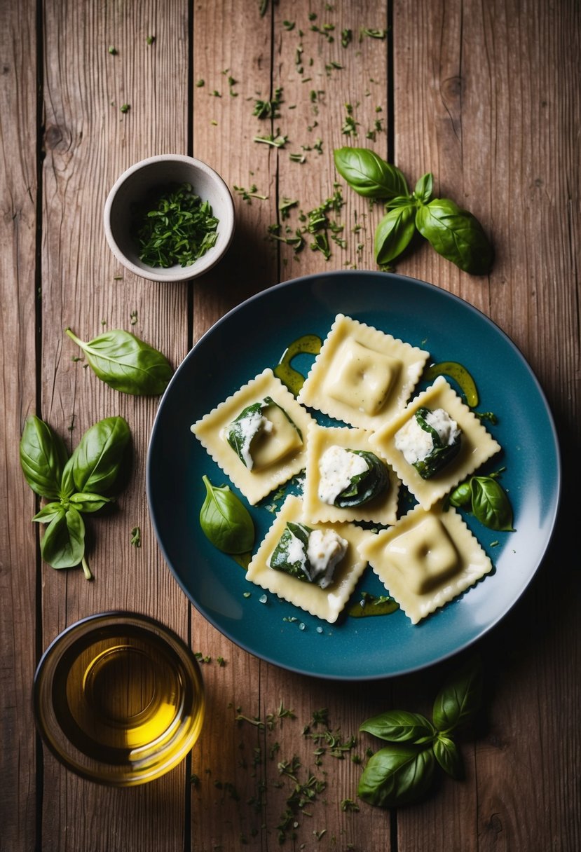 A rustic wooden table set with a plate of spinach and ricotta ravioli, surrounded by scattered basil leaves and a drizzle of olive oil