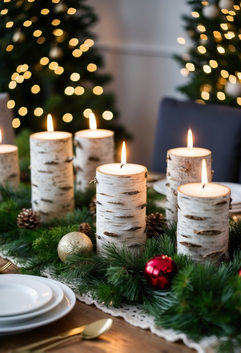 Birch log candle holders arranged on a festive table, surrounded by twinkling lights and greenery