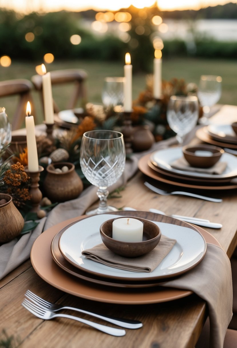 A table set with taupe napkins, earth tone dishes, and rustic centerpieces