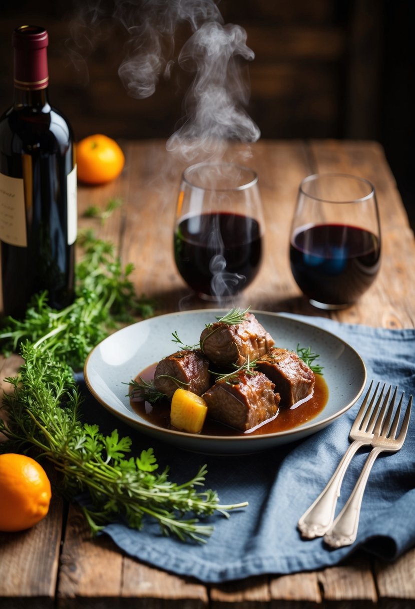 A rustic table setting with a steaming plate of Osso Buco, surrounded by fresh herbs and a glass of red wine