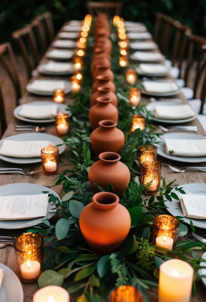 Earthy terracotta centerpieces arranged on a wedding table, surrounded by lush greenery and warm candlelight