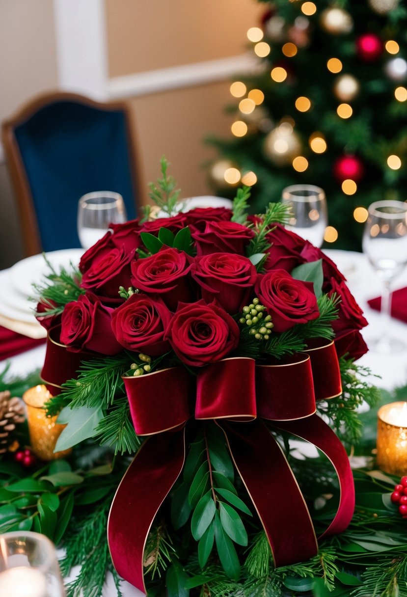 A lush bouquet of deep red velvet ribbon roses and greenery adorns a festive Christmas wedding table centerpiece