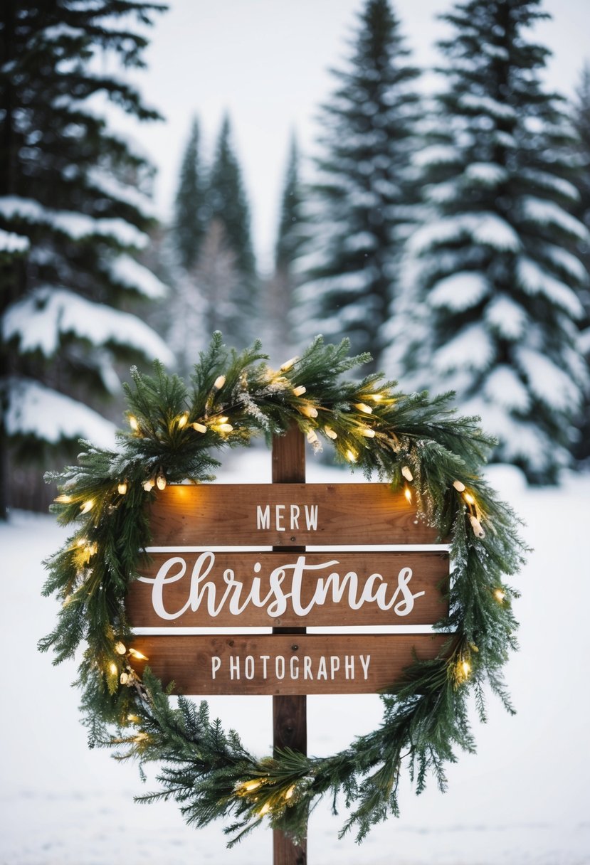 A rustic wooden sign adorned with festive greenery and twinkling lights, set against a backdrop of snow-covered pine trees