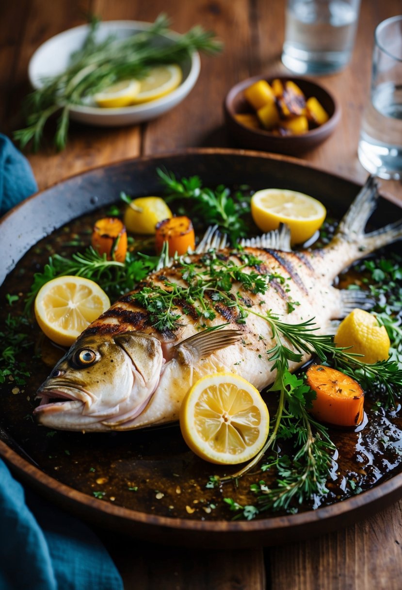 A sizzling grilled Branzino dish surrounded by fresh herbs, lemon slices, and a side of roasted vegetables on a rustic wooden platter