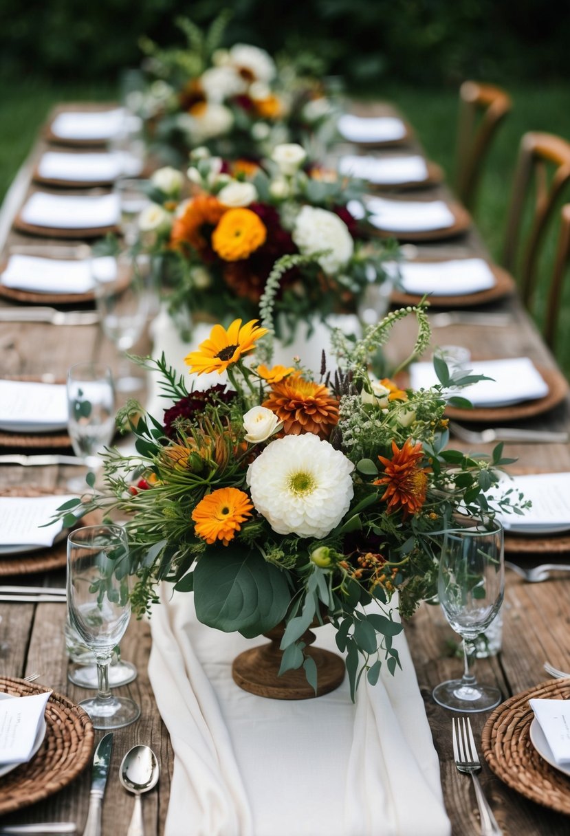 Lush wildflower arrangements adorn rustic wedding tables