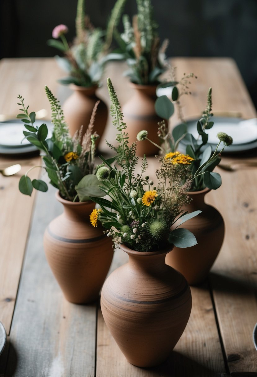 Earthy pottery vases hold wildflowers and foliage, arranged on a wooden table with muted tones and natural textures for a rustic wedding setting