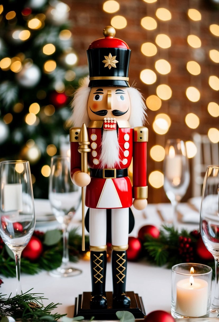 A nutcracker figurine stands among festive wedding decor, adding a touch of holiday charm to the celebration