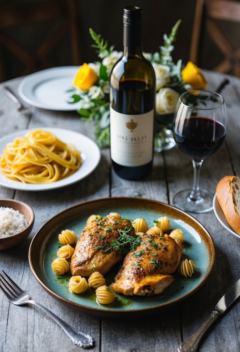 A rustic table setting with a plate of Chicken Marsala, accompanied by Italian wedding menu items such as pasta, bread, and wine