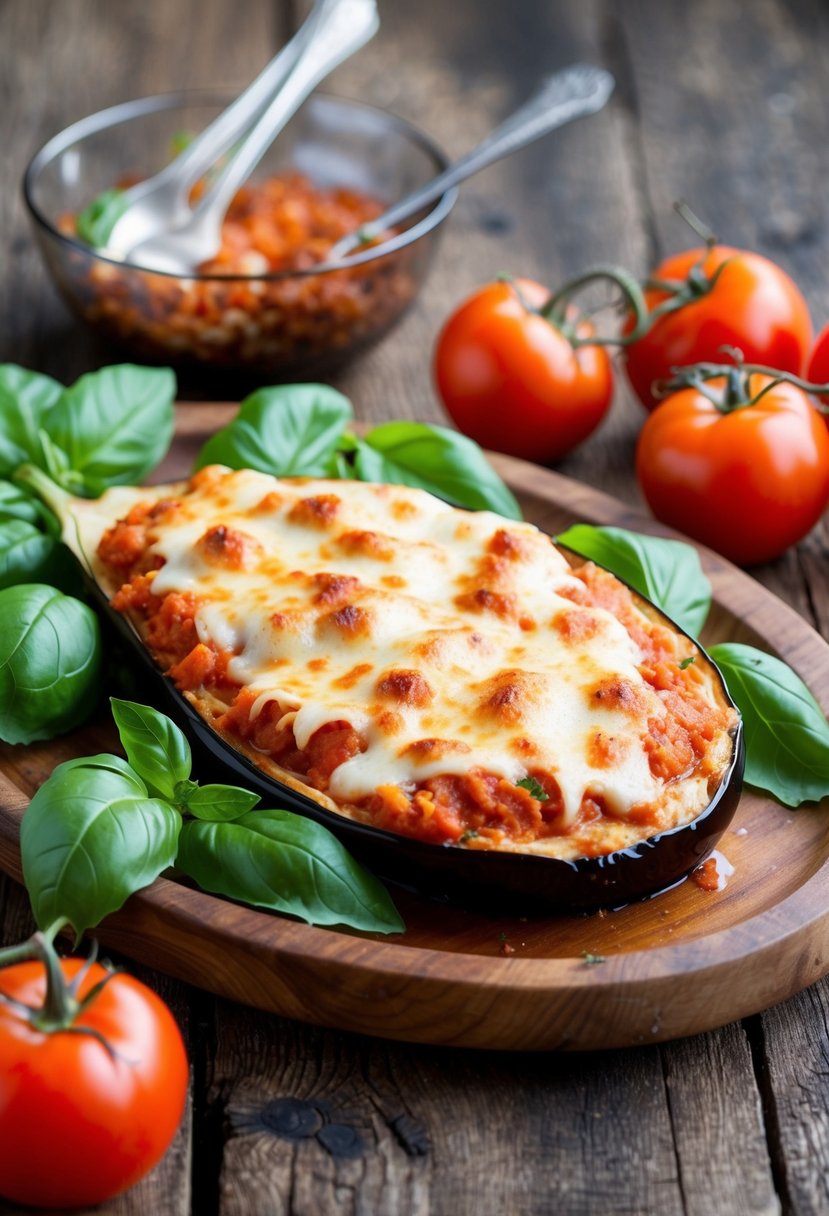 A rustic wooden table set with a platter of golden-brown eggplant parmesan, surrounded by vibrant green basil leaves and ripe red tomatoes