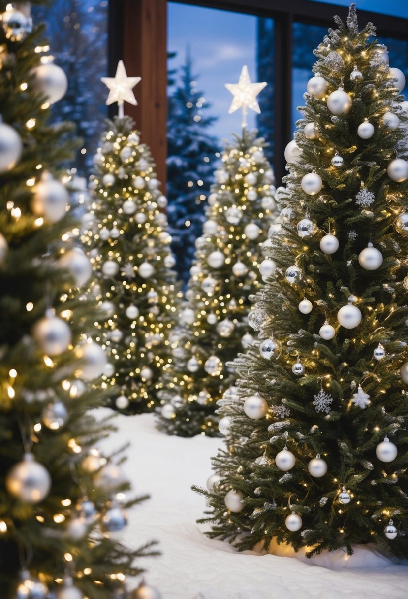 Snowy artificial trees adorned with twinkling lights and silver ornaments, creating a magical winter wonderland for a Christmas wedding