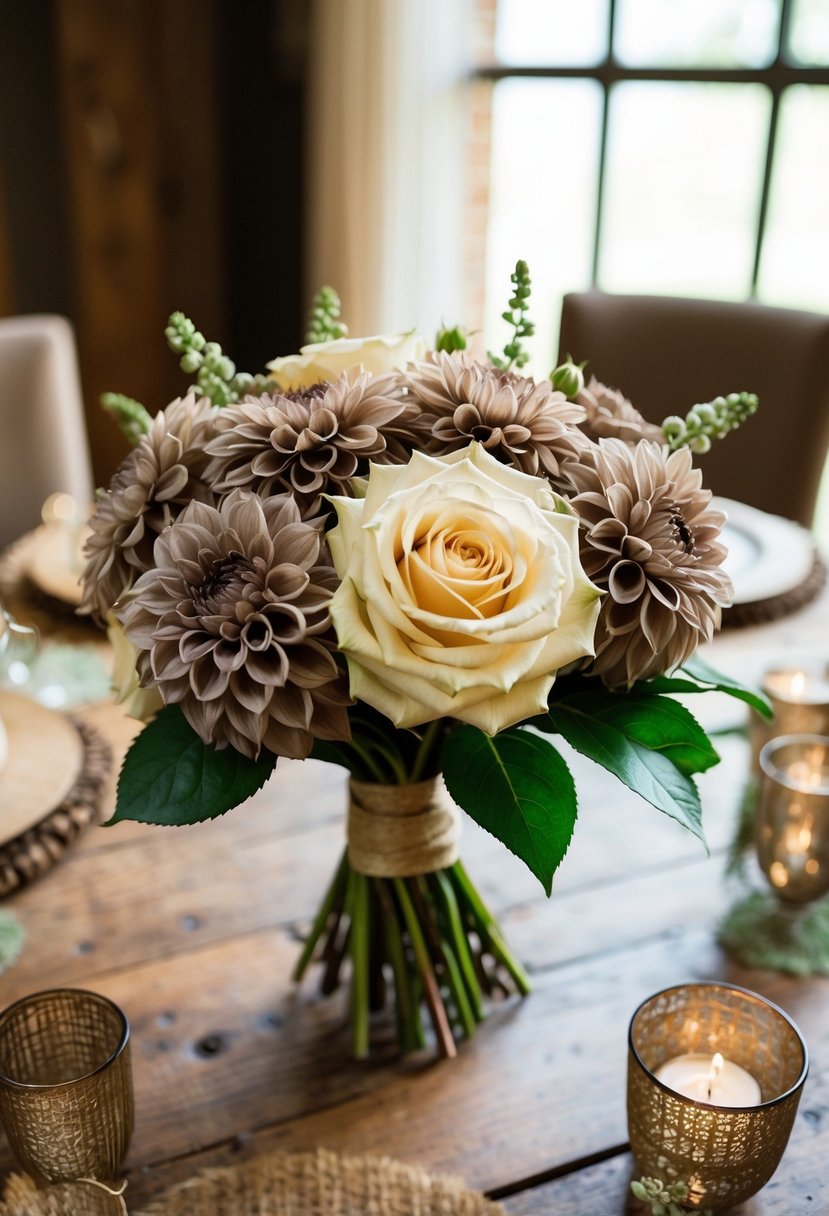 A bouquet of creamy rose and taupe dahlias sits atop a rustic wooden table, surrounded by earth-toned wedding decorations